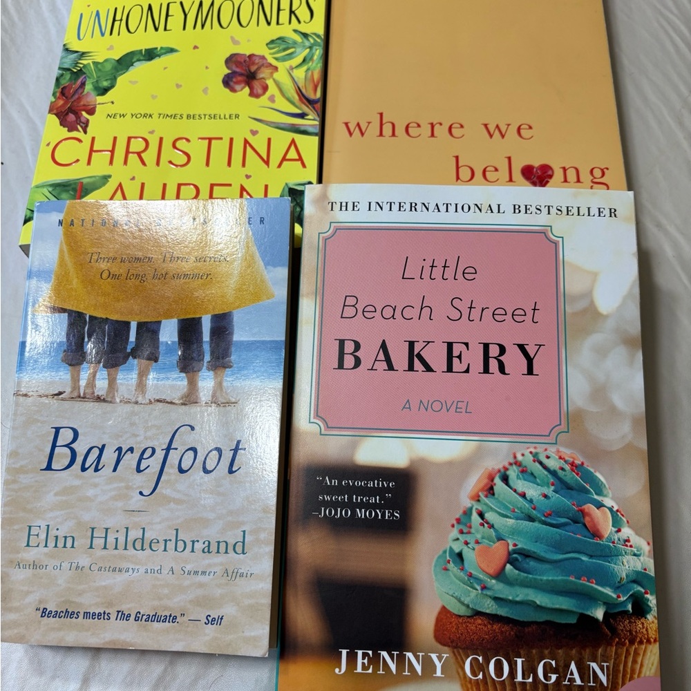 Four books: Elin Hilderbrand, Emily Giffin, Christina Lauren and Jenny Colgan.
